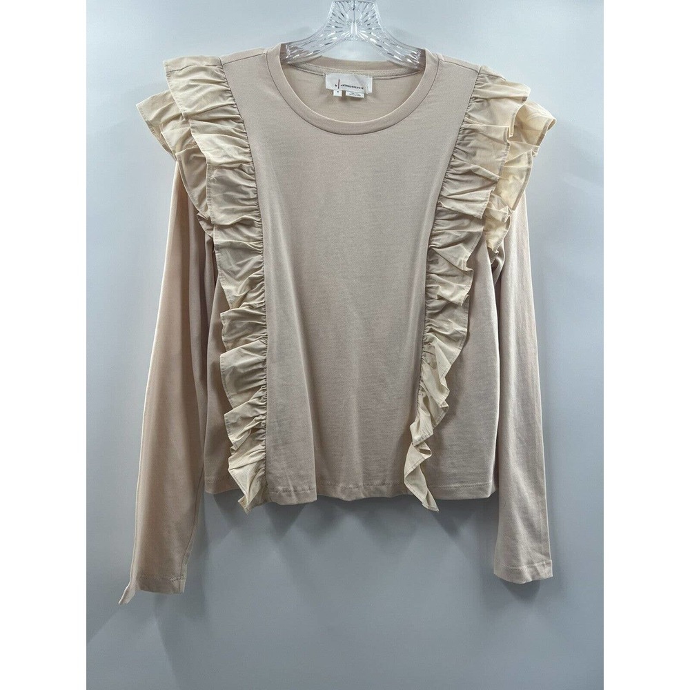 Anthropologie Women’s Long Sleeve Karina Ruffled Top Tee Cream Size Medium EUC